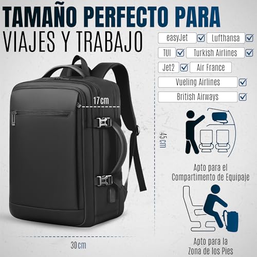 CJSME®️ Waterproof Travel Backpack Cabin Airplane Carry On Luggage with Laptop Compartment + Water Bottle Holder + USB Port / Anti-Theft Travel Suitcase Unisex Multifunction