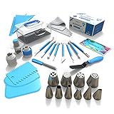 Frostinc Perfectly Assorted Cake Decorating Supplies 34 Pcs Kit - 10 Russian & Cone Icing Tips with 2 Couplers, 2 Reusable & 6 Disposable Piping Bags, 8 Model Tools, Scrapers & BONUS Items