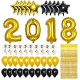 Graduation Party Supplies, Graduation Balloons with 10ft Metallic Gold Foil Fringe Curtain Bundle, Large Size, Gold, Black, White, Latex Balloons, Star Balloons, Confetti Balloons, Best for Graduation