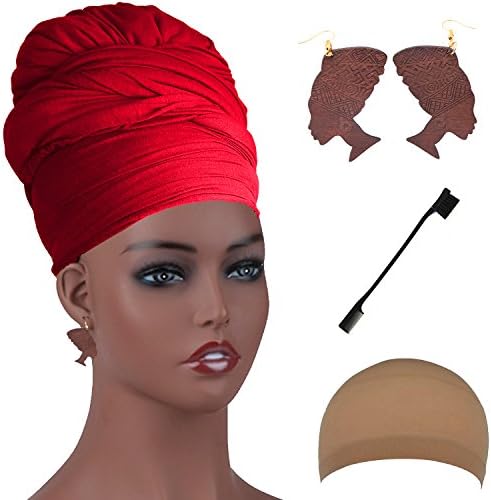Long Stretch Head Wrap Set- Solid Color African Turban Hair Scarf Tie, Double Sided Edge Control Hair Brush Comb Combo