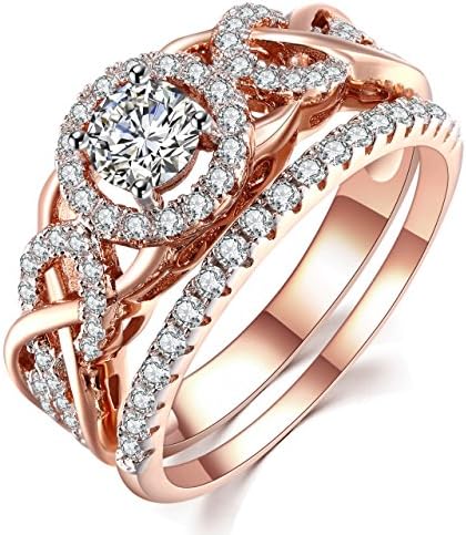 GuqiGuli Twist Shank Cubic Zirconia Bridal Engagement Wedding Ring Set in Rose Gold Plate Sterling Silver