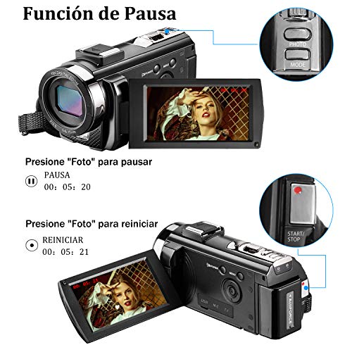 Videocmara-con-Control-Remoto-y-Dos-Bateras-Cmara-de-Video-Full-HD-1080P-30FPS-24MP-Pantalla-LCD-de-3-Pulgadas-Rotacin-270-Digital-Zoom-16X-Webcmara