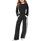 Haloumoning Girls 2 Piece Fall Outfits Color Block Sweatshirt and Elastic Wide Leg Sweatpants Clothing Sets 5-14 Years