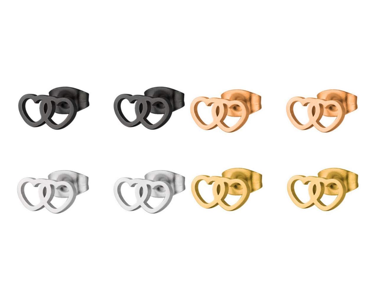 MixiuEuro Women Girls Double Heart Earrings 4Pairs Gold Plated Stainless Steel Cut Hollow Double Heart Stud Earrings set Gift For Girls Child Boy Nickel Free