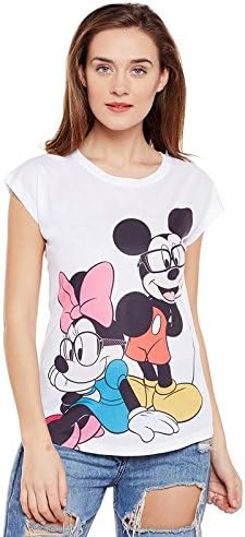 Mickey Mouse Family Womens Polyester Round Neck Cap Sleeves Tops - White (DMFWT0013)
