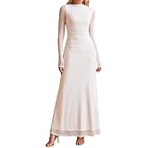 HTZMO Women Long Sleeve Bodycon Floral Maxi Dress Ruched A Line Flowy Wedding Guest Formal Party Long Dresses