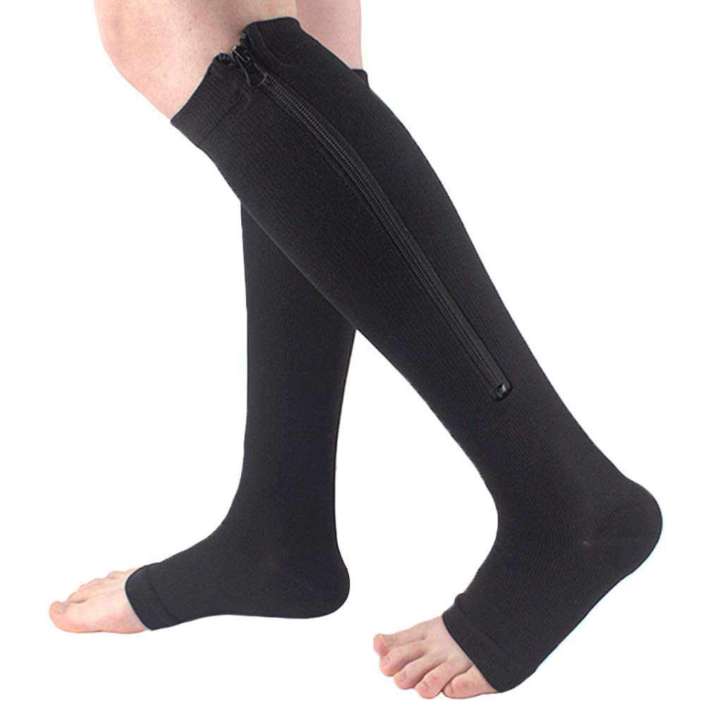 SKUDGEAR Zipper Compression Socks Stockings with Open Toe Calf Support