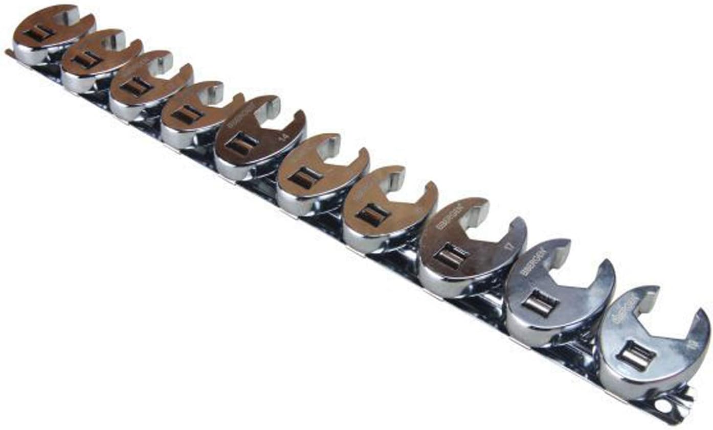 10 Piece Metric Crowfoot 3/8 Drive Spanner Socket Wrench Ser - B2054, Chrome, Small
