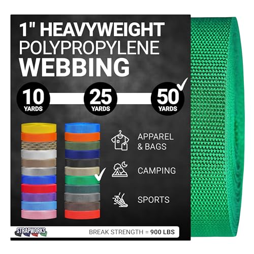 Strapworks Heavyweight Polypropylene Webbing - Heavy Duty Poly Strapping for Outdoor DIY Gear Repair, 1 Inch x 50 Yards - Kelly Green