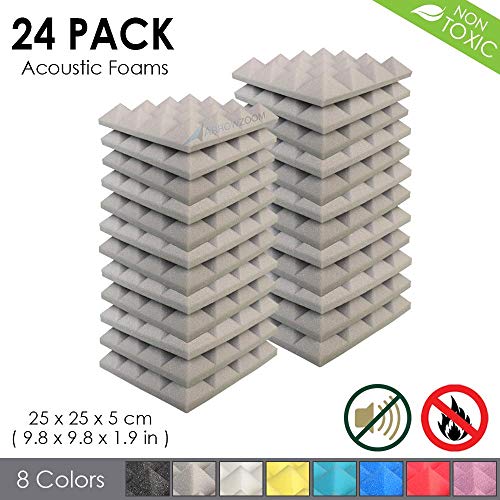 Arrowzoom New 24 Pieces 9.8 X 9.8 X 1.9 inches Soundproofing Insulation Pyramid Acoustic Wall Foam Padding Studio Foam Tiles AZ1034 (GRAY)