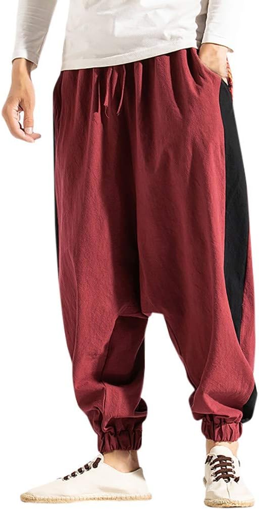 IFOUNDYOU Men's Harem Pants Boho Hippie Wide Baggy Trousers with Drop Crotch Comfortable Elastic Waist Drawstring Pants Bottoms Plus Size