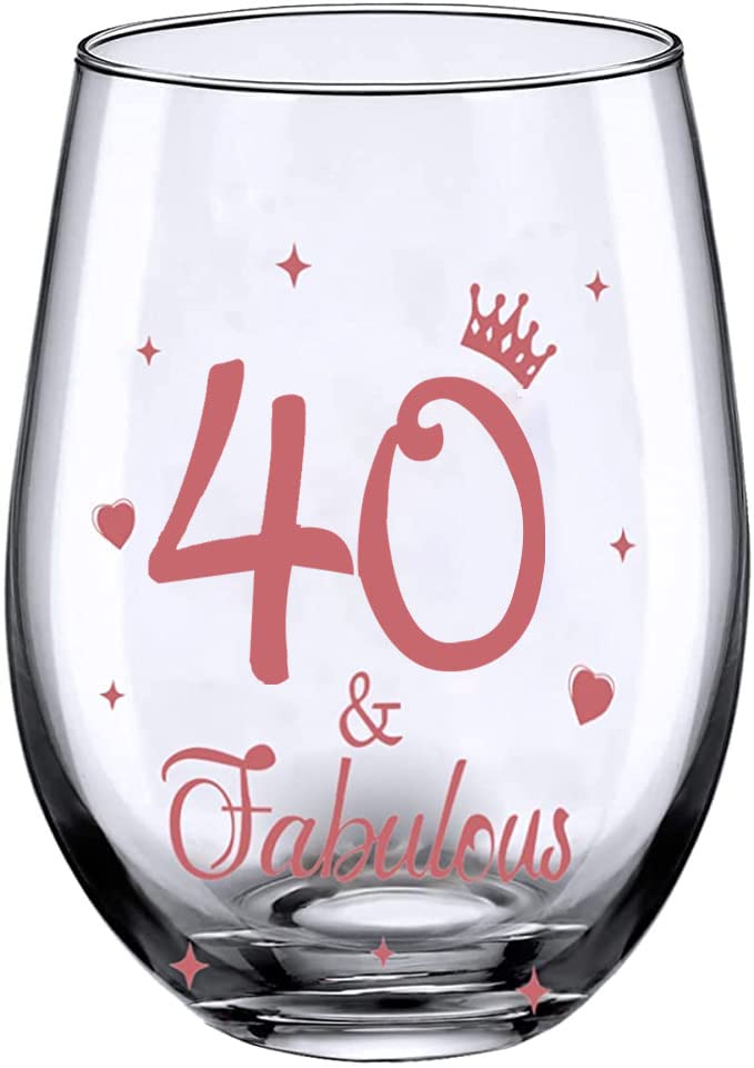 JUWNMANT 40th Birthday Gifts, Men and Women Cheers Wine Glasses, 40th Birthday Party Wedding Anniversary Decor Gift, 17oz Stemless (40 and Fabulous)