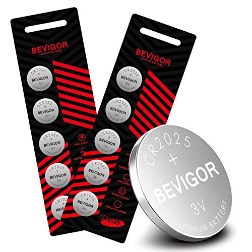 Bevigor CR2025 Lithium 3V Coin Battery, 10 Pack Cell Coin Batter，Long