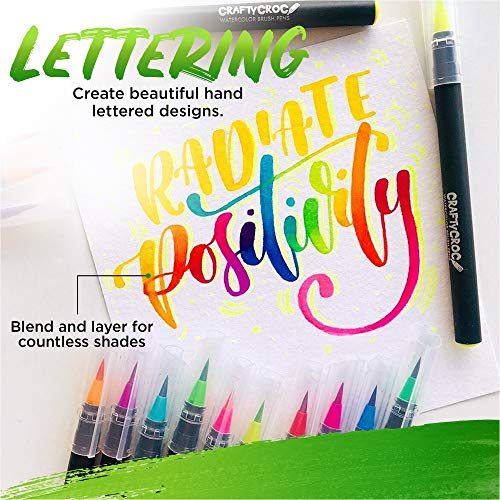 Crafty-Croc-Watercolor-Paint-Brush-Pens-Set-of-24-Vibrant-Water-Color-Brush-Markers-with-Real-Nylon-Tips-for-Watercolor-Painting-and-Hand-Lettering-Includes-Travel-Case-and-2-Water-Blending-Brushes