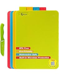Resort Chef Vibrant Kitchen Cutting Board Set - 4 Non-Porous, BPA-Free, Dishwasher-Safe Reversible Plastic Boards with Easy-Grip Food Icon Tabs. Includes Ceramic Knife & Non-Slip Mat.