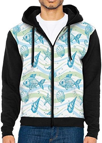 Joapron Marine Ocean Shell Starfish Oyster mollusk Sea Horse Pattern Men's Zipper Splicing Overcoat Belt Hat and Pocket L