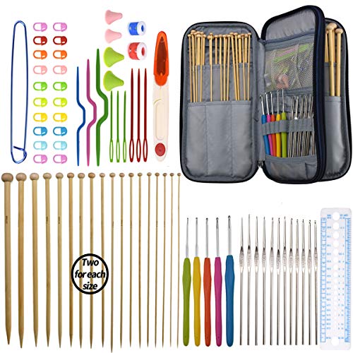 Bamboo Knitting Needles Set 36pcs Carbonized Afghan Needles 5pieces Ergonomic Crochet Hook Set 12 Small Size Aluminum Handle Hook with Sewing Tools Full DIY Craft Kits