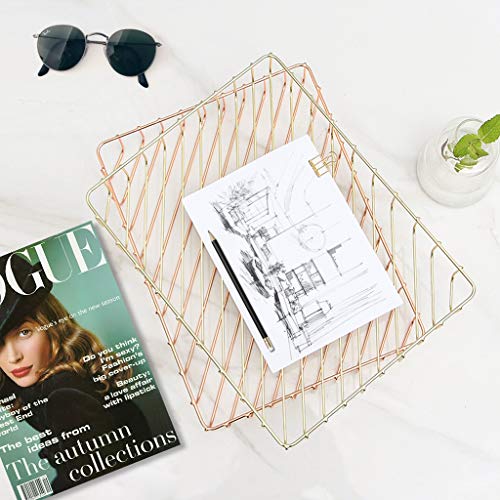 Fvstar Rose Gold Desk File Tray Wire Tabletop Tray Letter Magazine Newspaper Storage Basket Organizer Home Office Organization