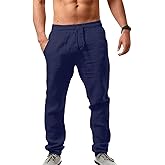 Puimentiua Mens Linen Pants Casual Drawstring Loose Lightweight Mens Pants Yoga Summer Beach Trousers