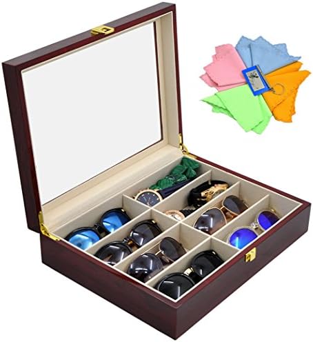 ADTL 8 Slots Eyeglass Sunglass Case Black Glasses Display Storage Red Wooden Organizer with Glass Top Lid