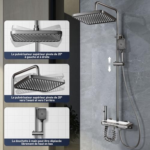 Koeutoze Thermostatic Shower Column with LED Digital Display, Rain Shower System with Hand Shower Head and Waterfall Faucet, Adjustable Height (Grey)