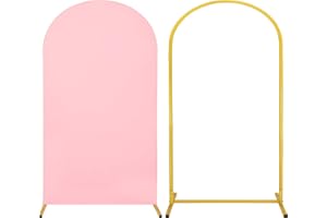 HAISIWLKJ Metal Arch Stand and Cover Set,1 Pink Spandex Fitted Backdrop with 1 Gold Wedding Arched Stand Frame for Parties Birthday Baby Shower Bridal Banquet Decoration (7.2FT)