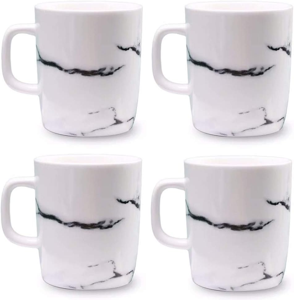 Coffeezone 12 oz Ceramic Marble Tea Coffee Cups (White, 4 Mugs Normal