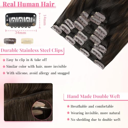 Yuniffe Clip in Hair Extensions Human Hair Balayage Dark Brown to Chestnut Brown 22 Inch 8pcs 120g Hair Extensions Clip in Natural Straight Remy Human Hair Extensions for Women #R2-6-2