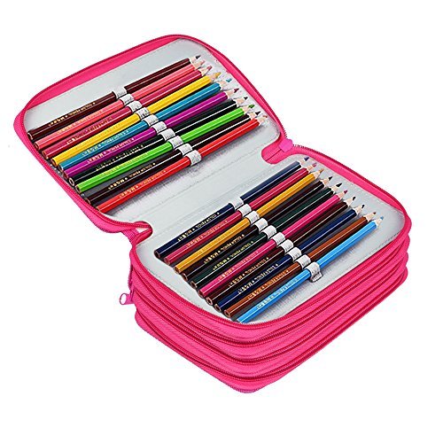 72 Slots Pencil Case, KinHom Handy Large Capacity Oxford Multi-layer Zipper Pen Holder Stationary Bags for Watercolor Gel Colored Ordinary Pencils Cosmetic Makeup Brush (Rose Pink)