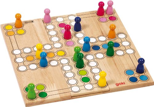 goki 56914 - Brettspiel Ludo aus Holz für 4 Spieler hochwertig verarbeitet 24 x 24 cm