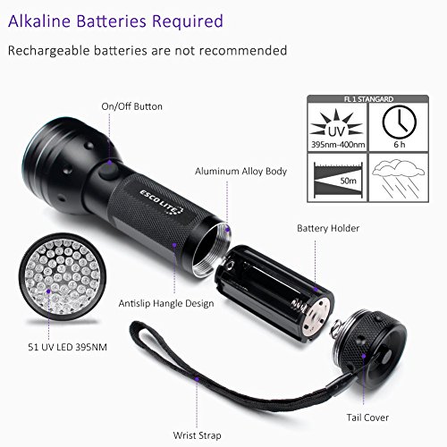 Black Light UV Flashlight, ESCO LITE UV Lights 2018 Upgraded 51 LED Ultraviolet Blacklight Flashlight Pet Urine Detector,Matching with Pet Odor Eliminator