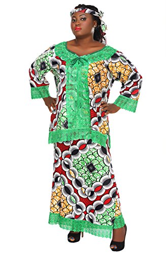 African Planet Women's Skirt Set Printed Green Sengal Wax Lace Gele Headwrap