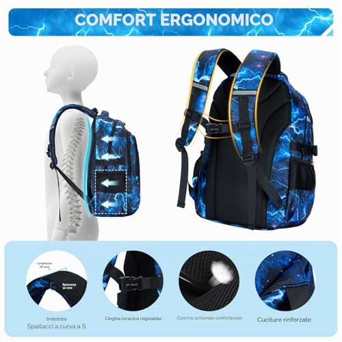 Amythe Boys Backpack - Elementary and Middle School - Complete Set with Chest Bag, Lunch Bag & Pencil Case - Teenagers Large Lightweight Waterproof Backpack for School & Travel, Blue