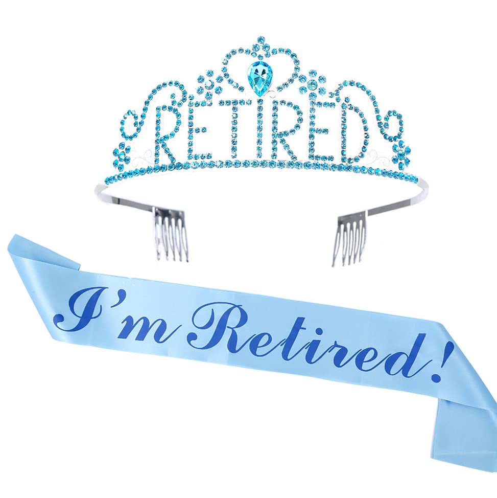 GotGala Retirement Tiara and Sash Set - I'm Retired Blue Stain Sash Silver Crystal Crown Retirement Gift for Women Retirement Party Decorations