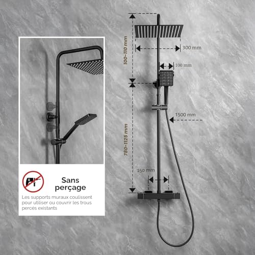 Auralum Matte Black Thermostatic Shower Column, Complete Shower Set with 30 cm Rain Canopy and 6 Jets Shower Head, Anti-Limescale Bathroom Mixer, Adjustable Bar 88-124 cm