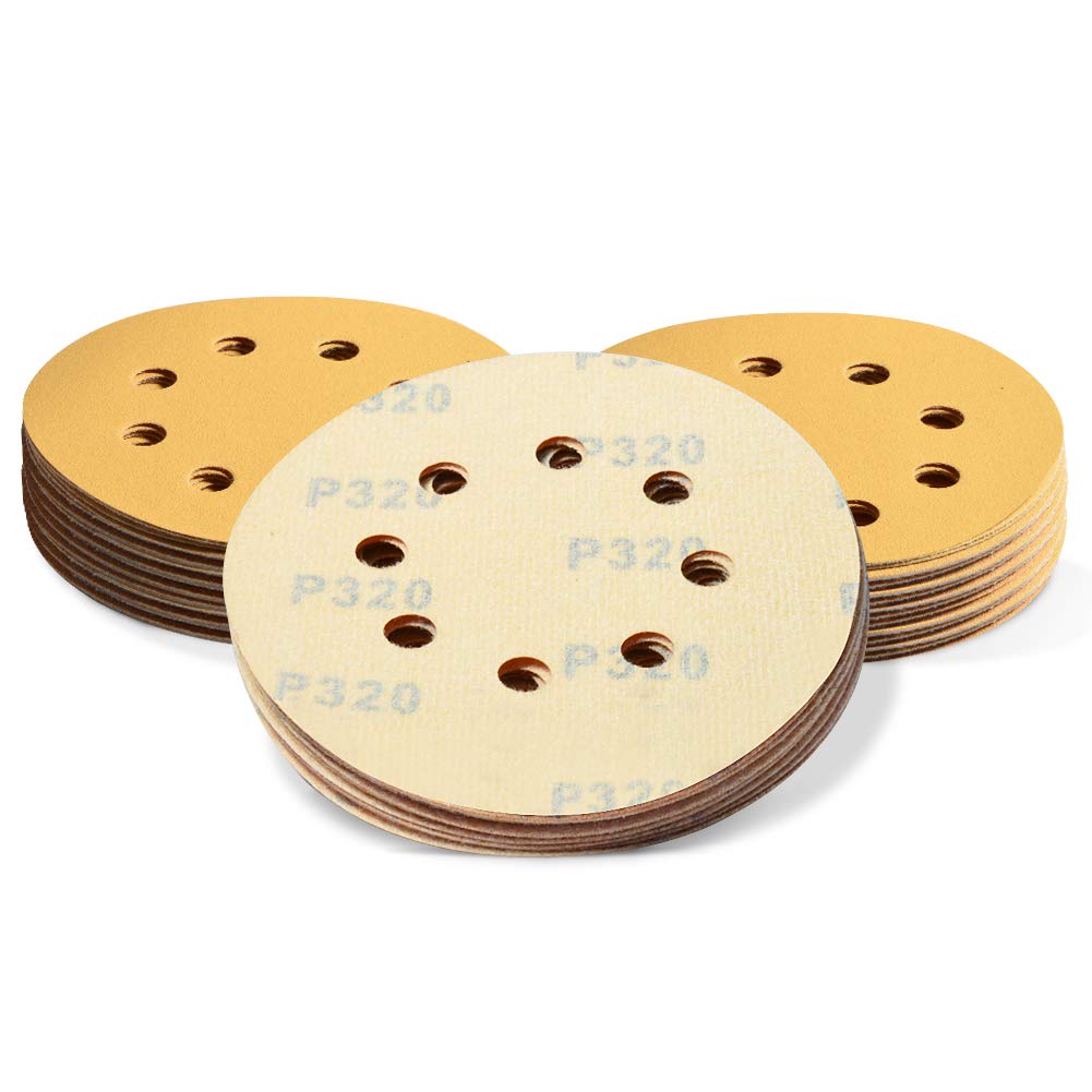SPEEDWOX 50 Pcs 5 Inches 8 Hole Sanding Discs 320 Grit Dustless Hook and Loop Sandpaper for Random Orbital Sander Yellow Finishing Discs for Automotive Woodworking