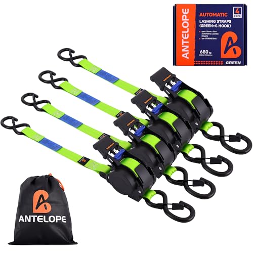 A ANTELOPE Automatic Lashing Strap 3.6 m x 25 mm, Pack of 4 Automatic Lashing Strap Reel, 340 kg/680 kg, Retractable Tie Down Straps with Ratchet and S Hooks for Motorcycle, Kayak and Truck, Green