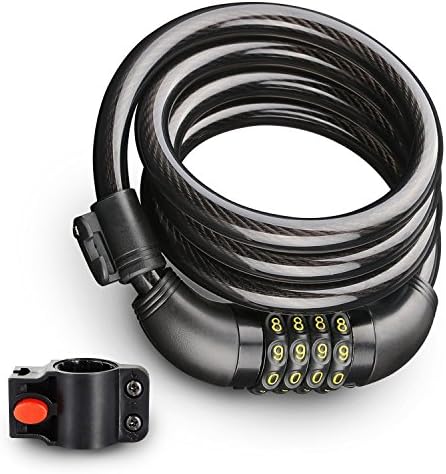 roadwi Bike Lock Cable, Resettable 4-Feet Security Cable Lock Combination Self Coiling Bicycle Lock Cable with Complimentary Mounting Bracket 4 Feet x 1/2 inch
