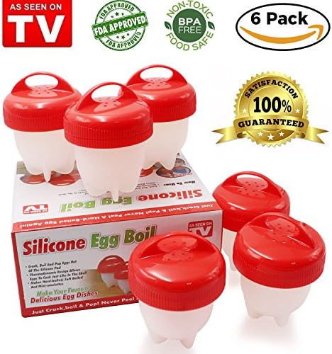 Egglettes Egg Cooker, [ 6 Pack ] Hard Boiled Eggs Without the Shell, Hard and Soft Maker, Poached Boiled Eggs Steamer, Eggies- Red