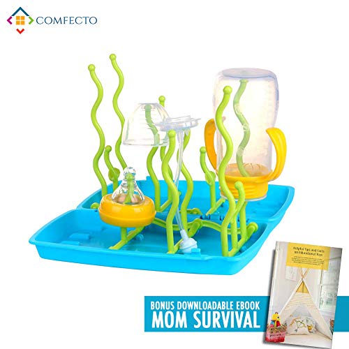 Folding Baby Bottle Drying Rack, Travel Size Baby Bottle Dryer Stand To Hold 12 Short Tall Bottles and Accessories, Bottom Tray Converts to Portable Carrying Case, with Mom Survival Guide Ebook