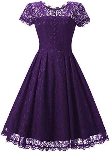Tecrio Women Elegant Vintage Floral Lace Capshoulder Cocktail Party Swing Dress (Large, Purple)