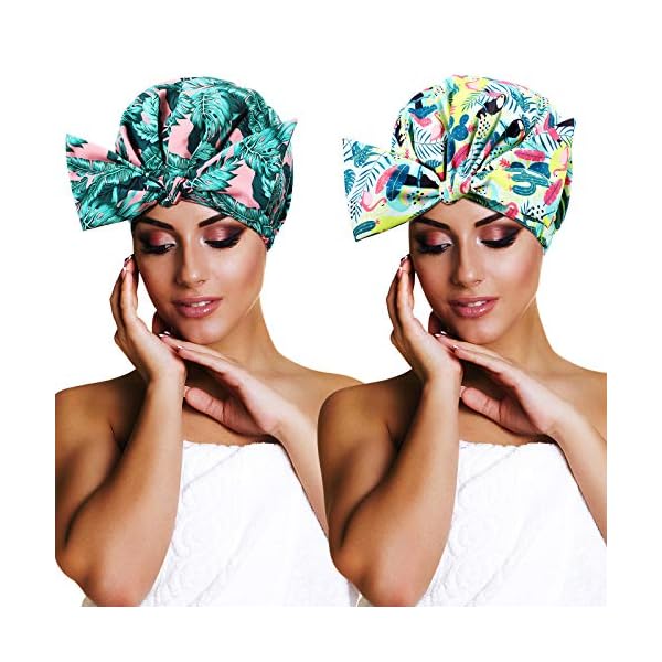 2 Pieces Shower Caps Waterproof Bowknot Bathing Caps Reusable Shower Hats Multi-functional Shower Hair Caps for Women…