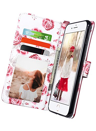 ULAK iPhone 8 Plus Case, iPhone 7 Plus Wallet Case,Floral PU Leather Wallet Case with Kickstand Card Holder ID Slot and Hand Strap Shockproof Rubber Cover for iPhone 7 Plus/8 Plus,Burgundy