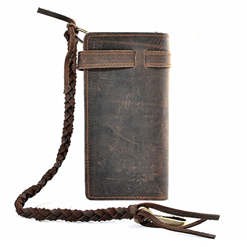 RS Vintage Men Leather Biker Long Chain Trucker Wallet Card Holder Checkbook Purse Dark Brown