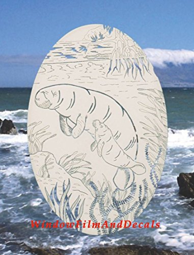 Oval Manatee Etched Window Decal Vinyl Glass Cling - 8" x 12" - White with Clear Design Elements
