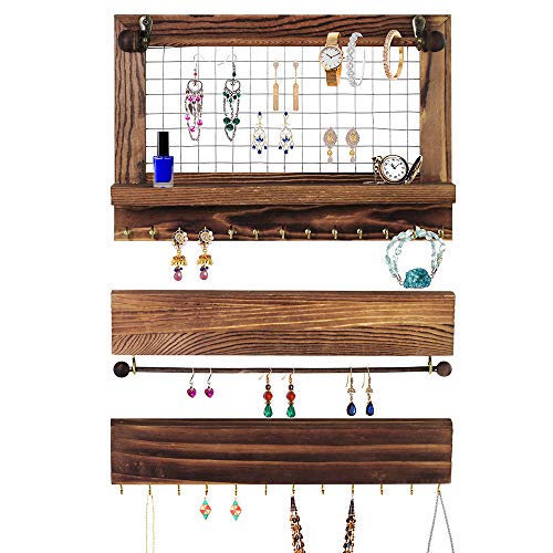 Supla Set of 3 Rustic Hanging Jewelry Organizer Jewelry Hanger Wall Mounted Jewelry Holder Necklace Bracelet Rings Hook Racks Bracelet Rod Earring Bar Display Jewelry Shelf Organizer - Thumbnail 7