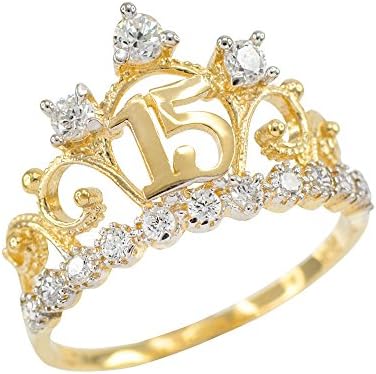 14k Yellow Gold CZ-Studded Crown Sweet 15 Anos Quinceanera Ring, Size 7.25