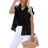 Pausus Womens Linen Button Down Shirts Short Sleeve V Neck Office Blouses Casual Business Tops Slim Fit Shirts