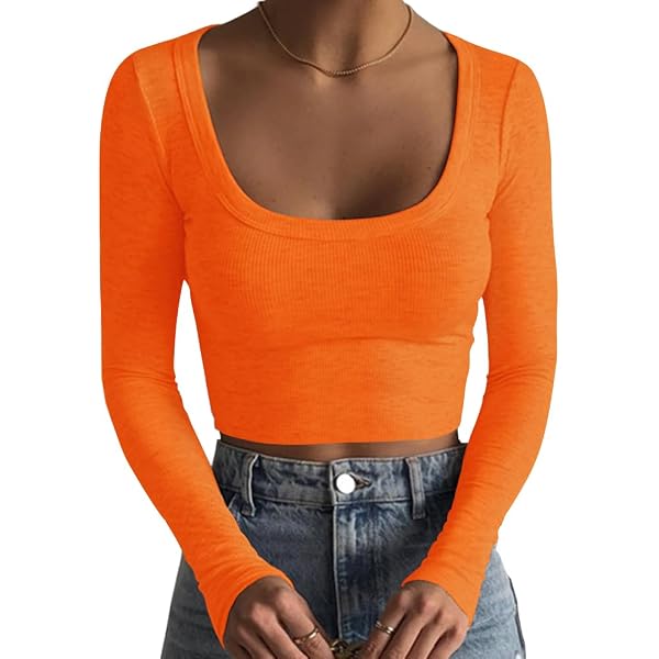 Women's Basic Ribbed Crop Top - Long Sleeve, Flare Sleeve, Slim Fitted Stretch Pullover Tee - View #6