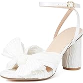 Lovee Cosee Women's Bow Knot Heeled Sandals Pleated Open Toe Ankle Strap Chunky Heels for Bride Wedding
